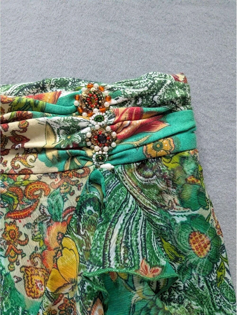 XOXO Skort Juniors M Green Floral Chiffon Ruffle Beaded Lined Mini Summer
